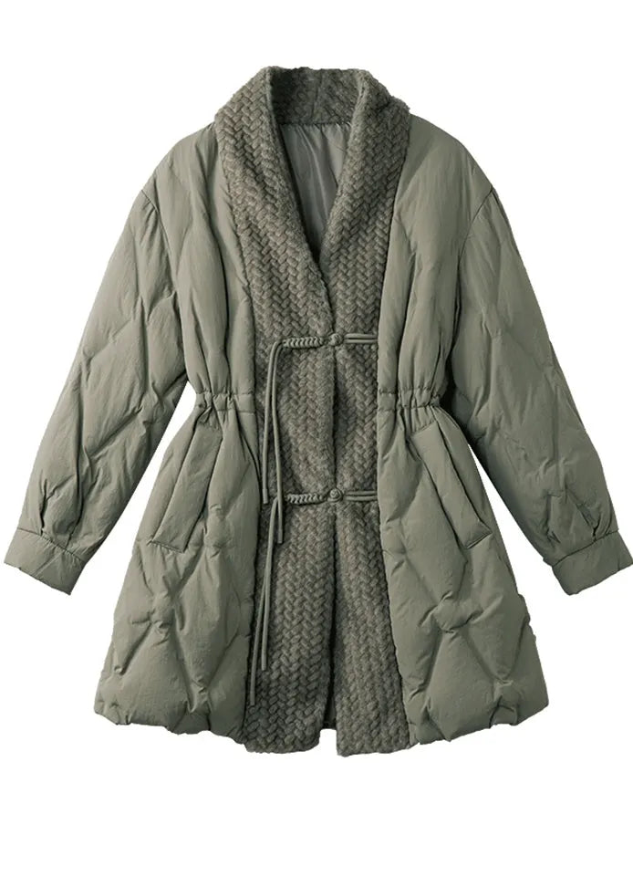 Green Chinese Button Patchwork Duck Down Puffers Jackets Winter