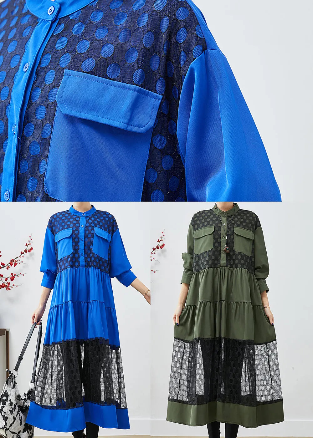 Blue Stand Collar Patchwork Lace Cotton Dress Fall