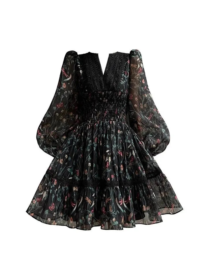 Black V Neck Print Lace Patchwork Chiffon Short Dress Long Sleeve Fall