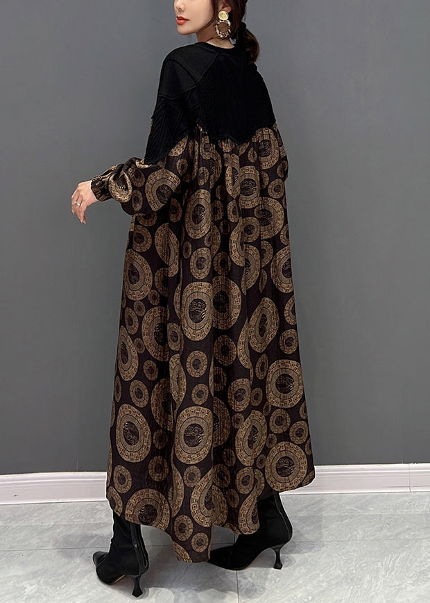 Loose Brown O-neck Patchwork Dot Print Maxi Dress Fall
