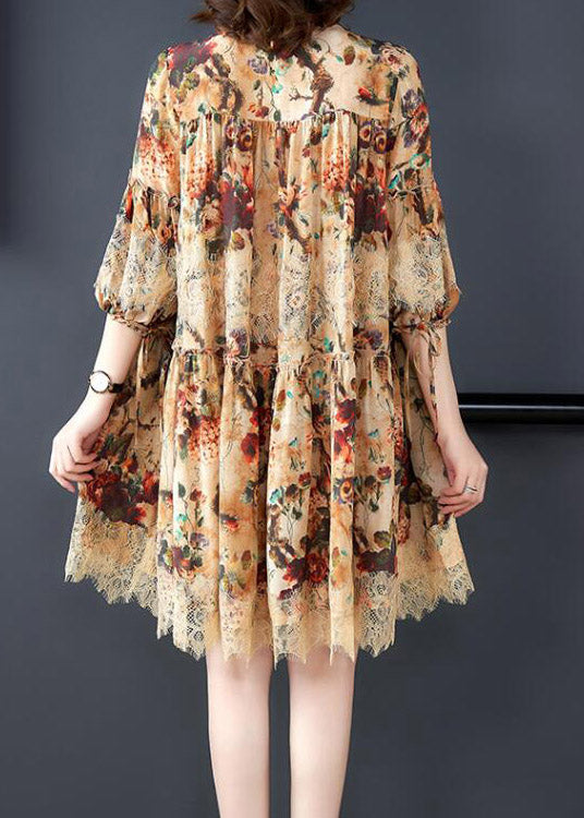 Vogue O-neck Print Wrinkled Lace Patchwork Silk Mid Dress Long Sleeve