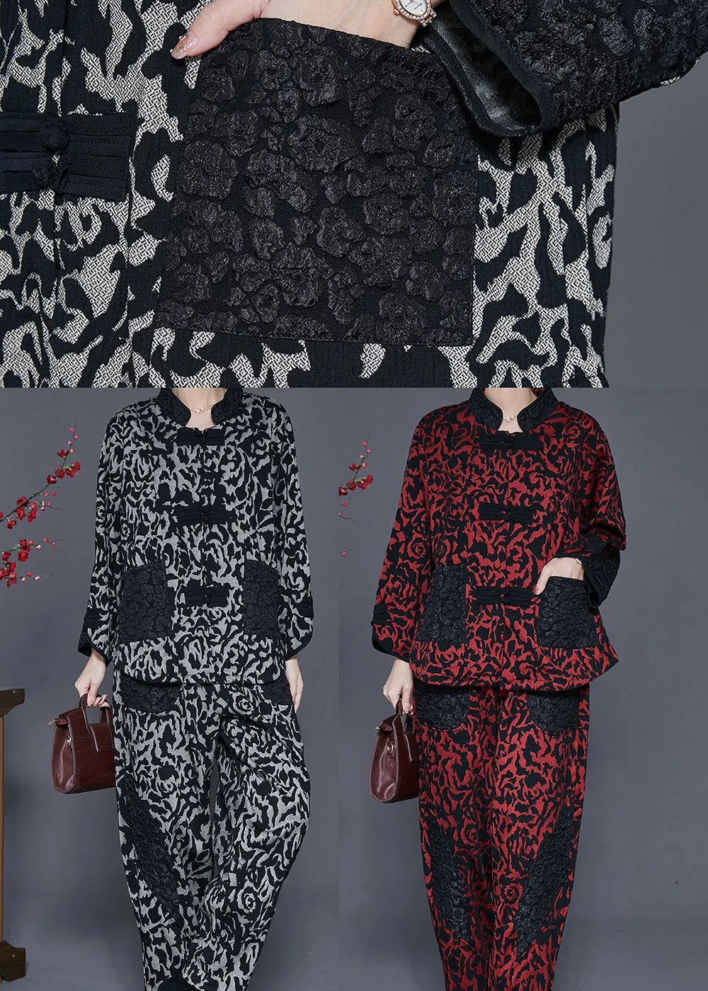 Dull Red Jacquard Cotton Two Piece Set Outfits Chinese Button Spring