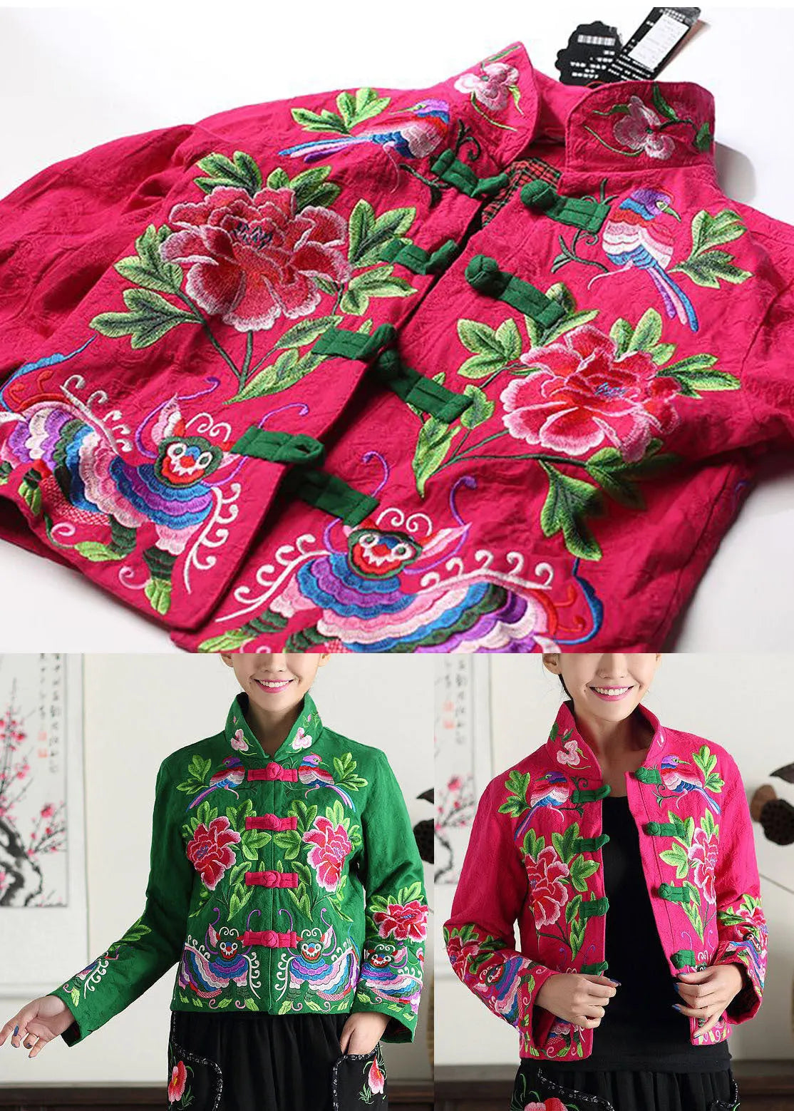 Green Stand Collar Embroideried Cotton Jacket Fall