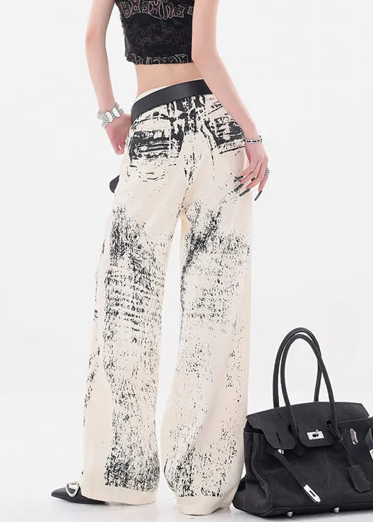 Art Apricot Print Pockets High Waist Denim Pants Fall