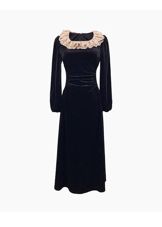 French Black Square Collar Lace Slim Fit Velour Dresses Spring