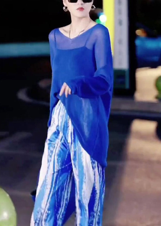New Blue Asymmetrical Tops and Tie Dye Pants Ice Silk Two Pieces Set Spring