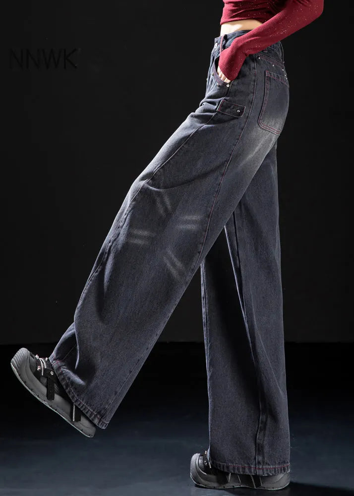 Unique Black Oversized Rivet Denim Pants Spring