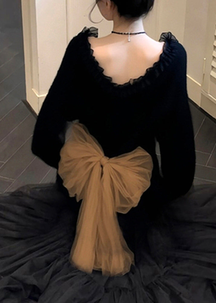Black Ruffled Patchwork Bow Knit Sweater Tops Winter