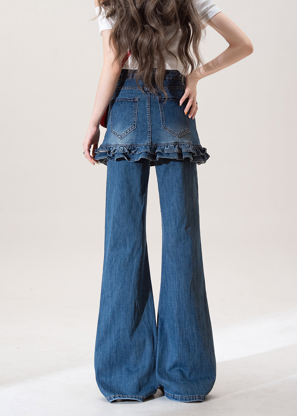 Blue Ruffled Pockets Patchwork Denim Flared Trousers Spring