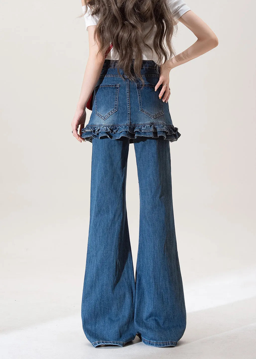 Blue Ruffled Pockets Patchwork Denim Flared Trousers Spring