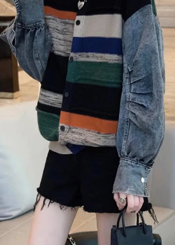 Colorblock Denim Patchwork Knitted Sweater Coat Autumn and Winter