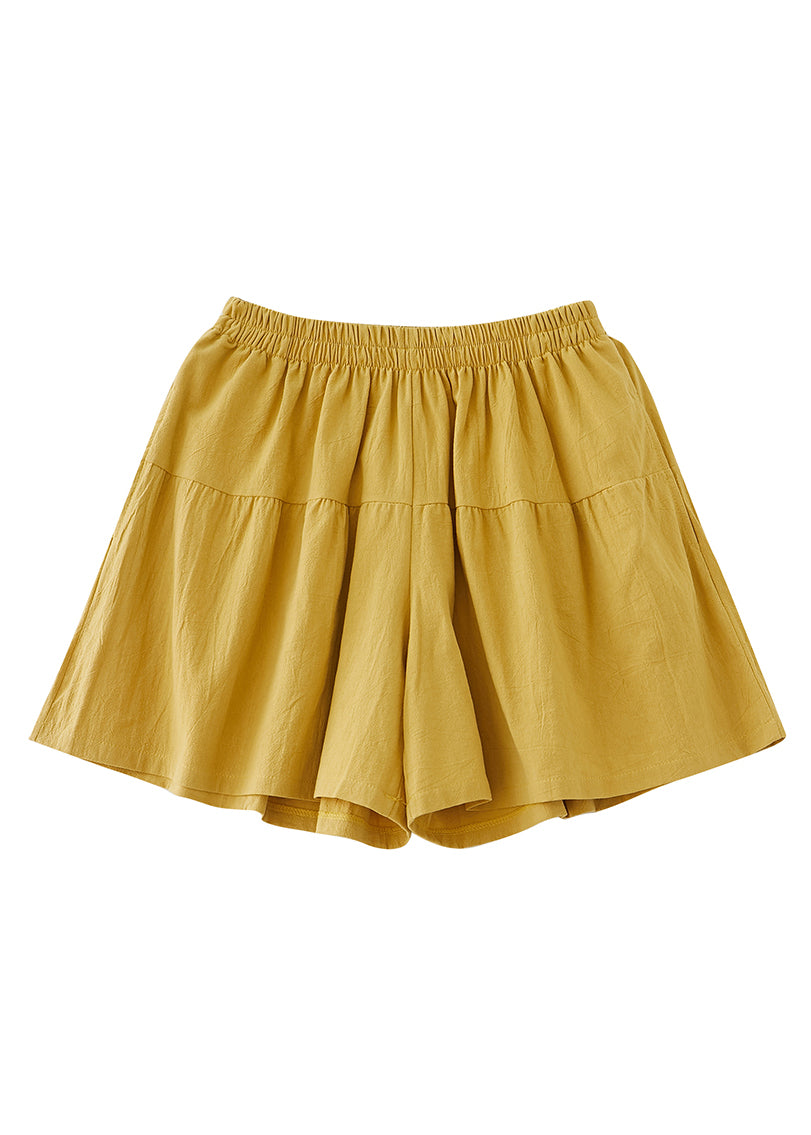 Yellow Pockets Elastic Waist Cotton Shorts Summer