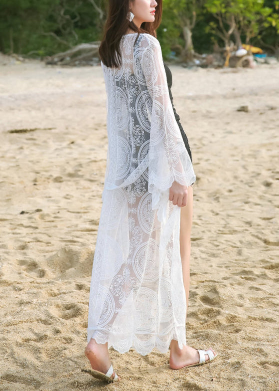 White Embroidered Tie Waist Lace Loose Cardigans Summer