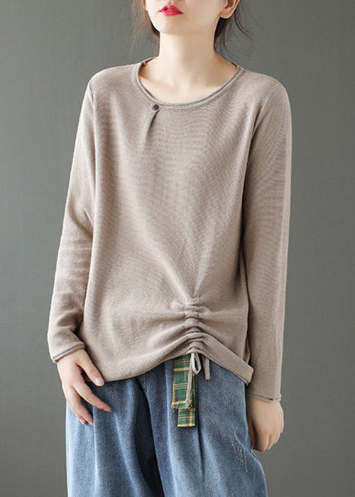 Light Camel O Neck Drawstring Patchwork Cotton Top Fall
