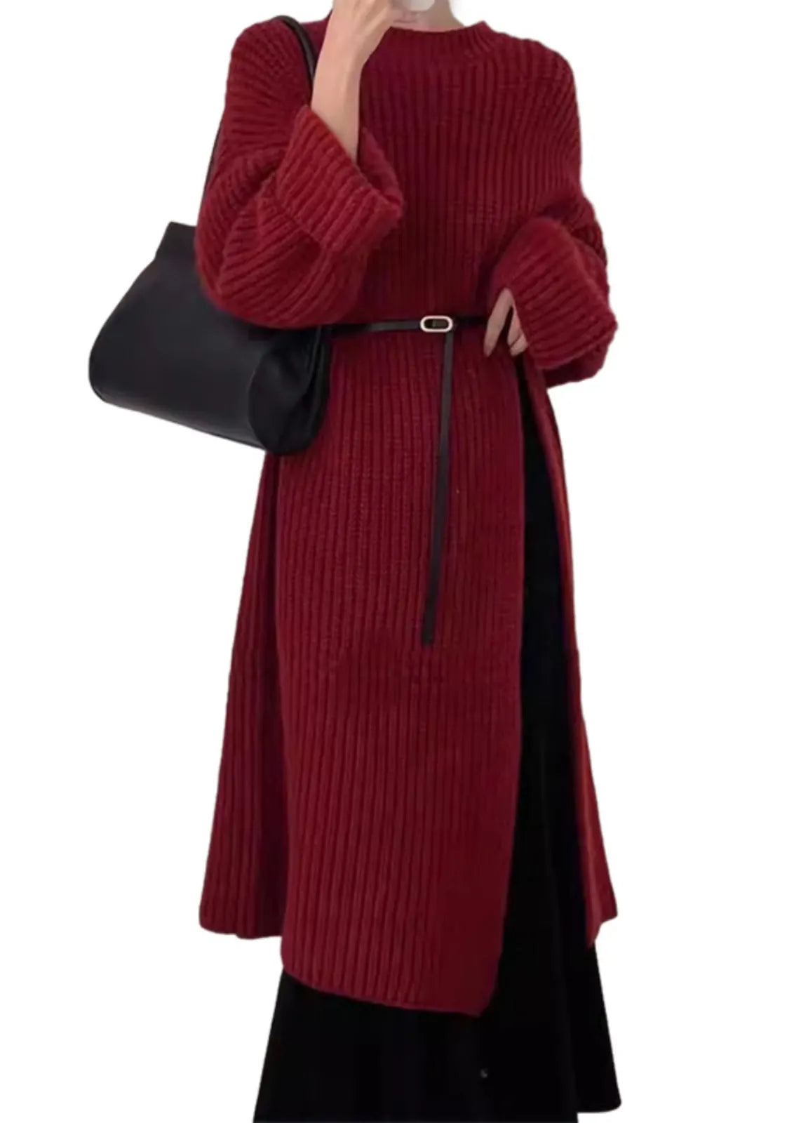 Red O Neck Side Open Knit Long Sweater Spring