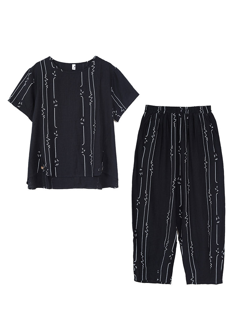 Black Low High Design Top and Harem Pants Two Piece Set Short Sleeve