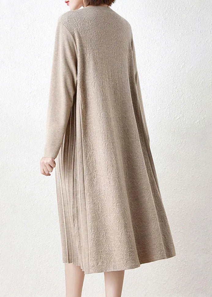 Yellow V Neck Patchwork Wrinkled Woolen Long Knit Dress Long Sleeve