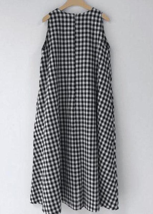 Black Plaid O Neck Patchwork Cotton Dress Sleeveless