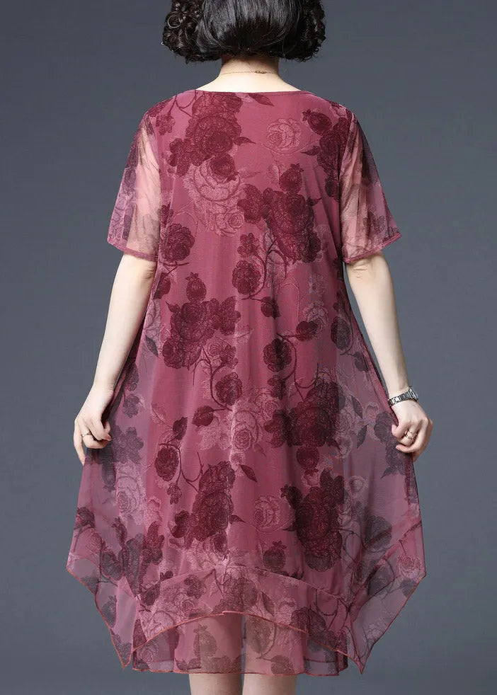 Red O-neck Print Tulle Vacation Dress Short Sleeve