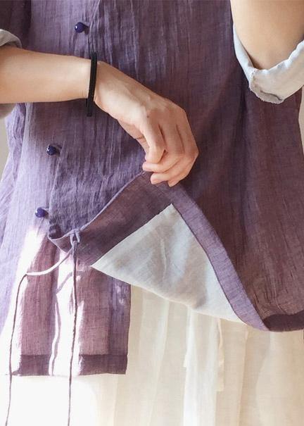 French Purple Tops Blouses Stand Collar Button Down Clothing Blouse