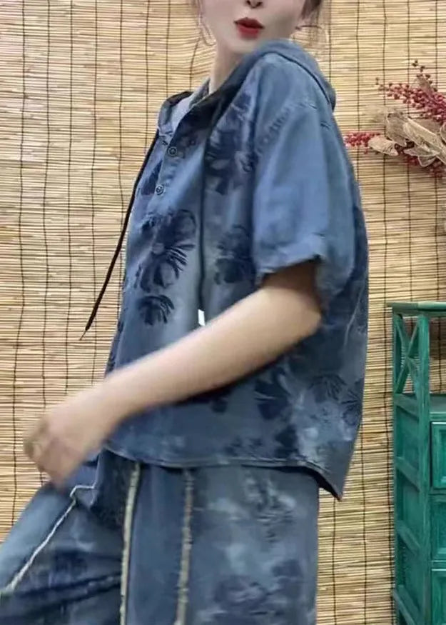 Style Blue Hooded Print Denim Two Pieces Set Summer