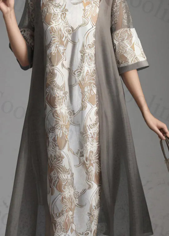 Classy Grey O Neck Print Patchwork Silk Dresses Summer