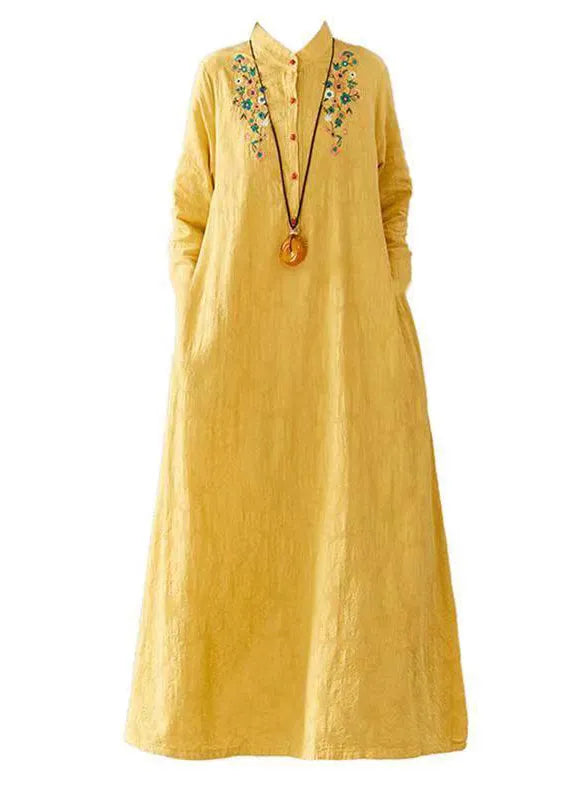 Yellow Embroideried Patchwork Cotton Long Dresses Fall