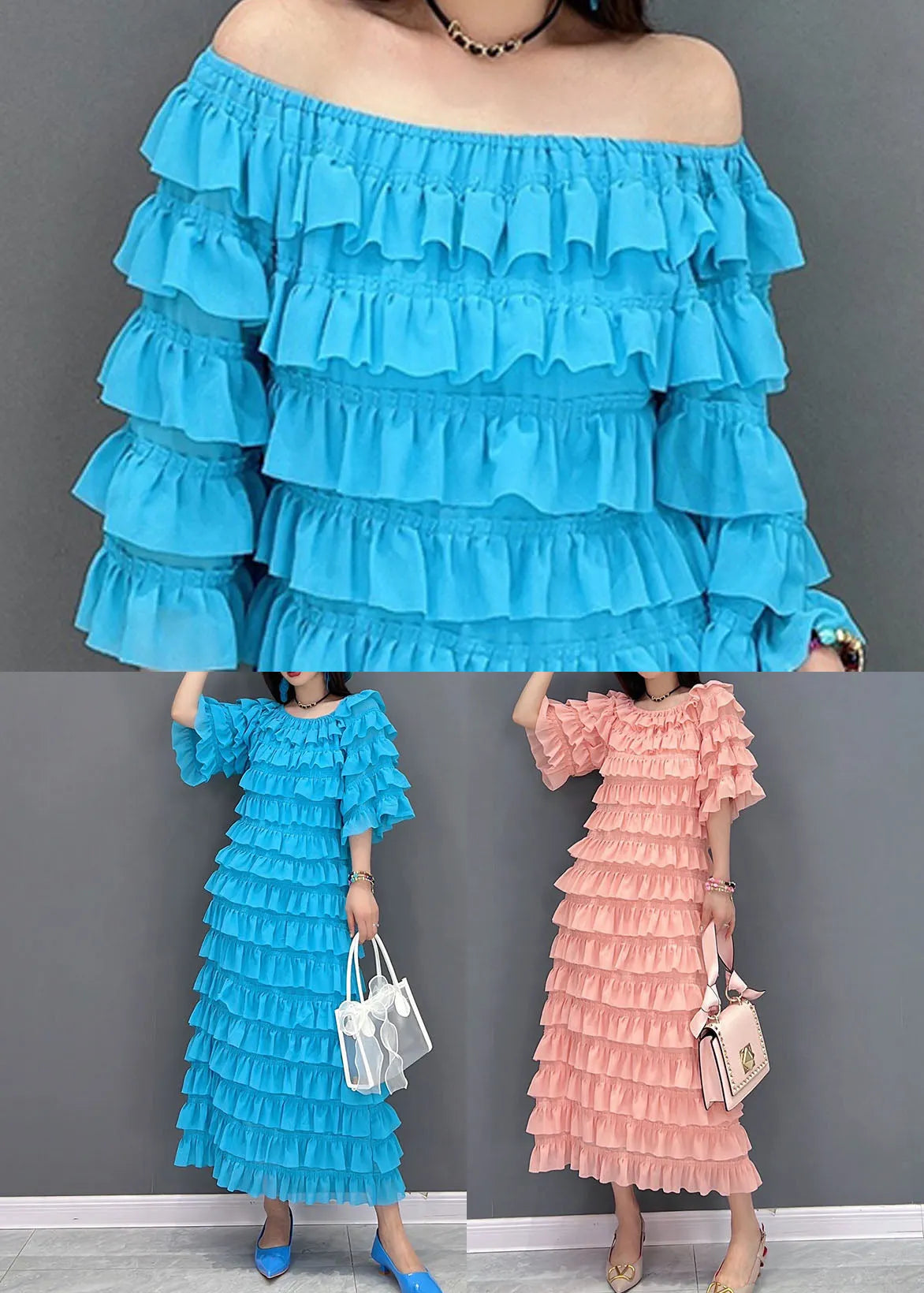 Blue Slash Neck Layered Ruffles Tulle Long Dresses Half Sleeve