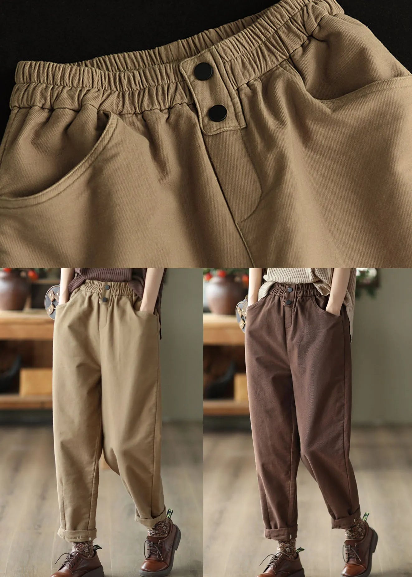 Chocolate Slim Cotton Harem Pants Elastic Waist Fall