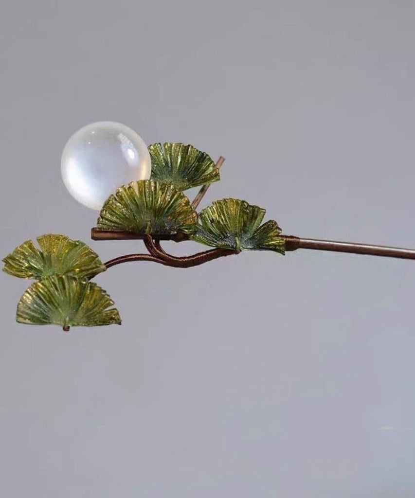 Brown Wooden Fan Transparent Beads Hairpin