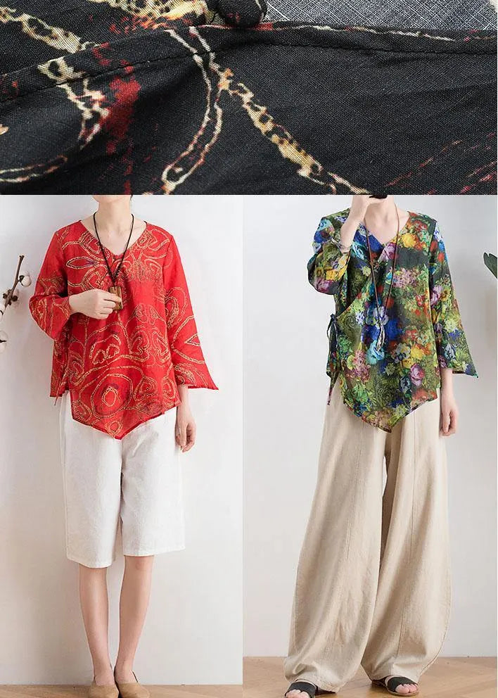 Black Print Asymmetrical Designlinen Summer Tops