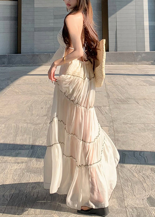White V Neck Bow Wrinkled Chiffon Two Pieces Set Sleeveless