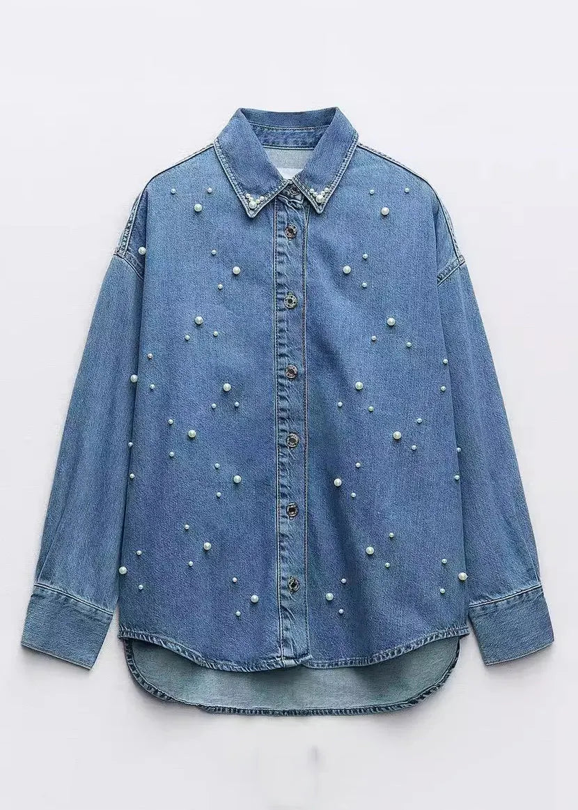 Loose Blue Peter Pan Collar Pearl Denim Shirt Fall