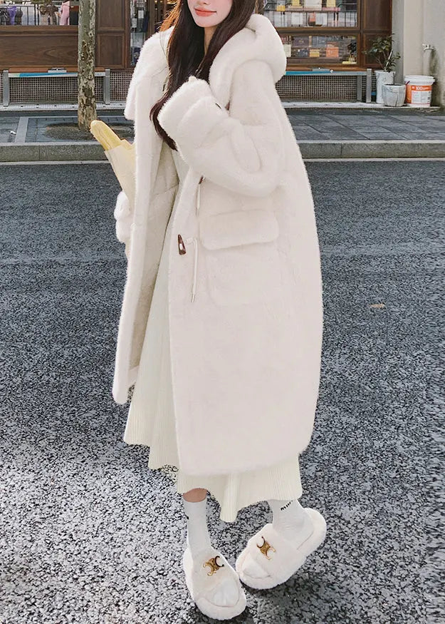 White Hooded Pockets Mink Velvet Coats Spring