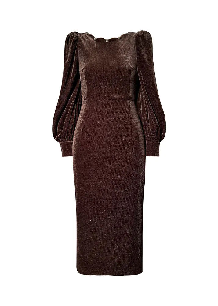Brown V Neck Button Wraped Silk Velour Dresses Vestidos Long Sleeve