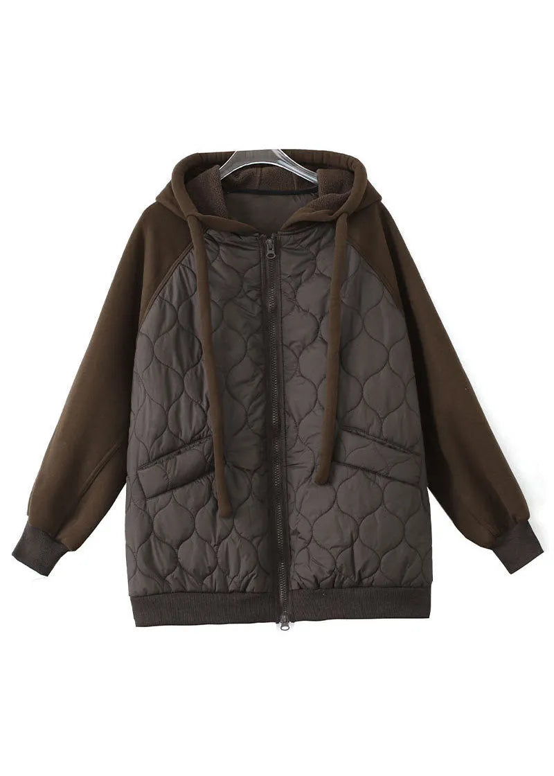 Chocolate Hooded Drawstring Patchwork Fine Cotton Filled Witner Coat