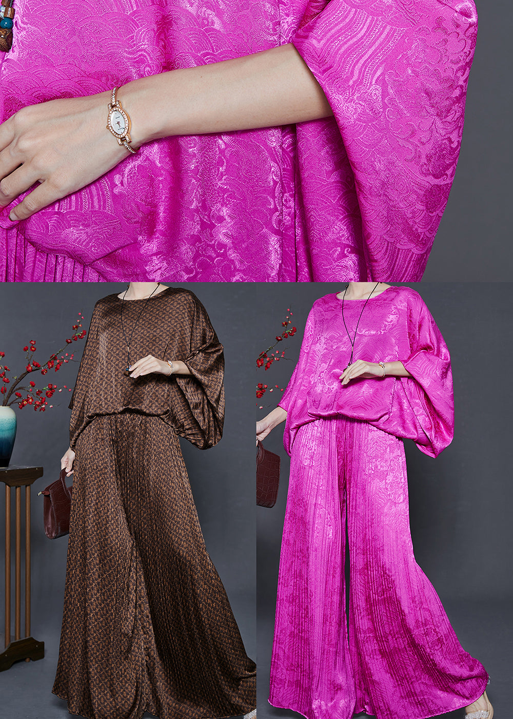 Rose Oversized Print Silk 2 Piece Outfit Batwing Sleeve