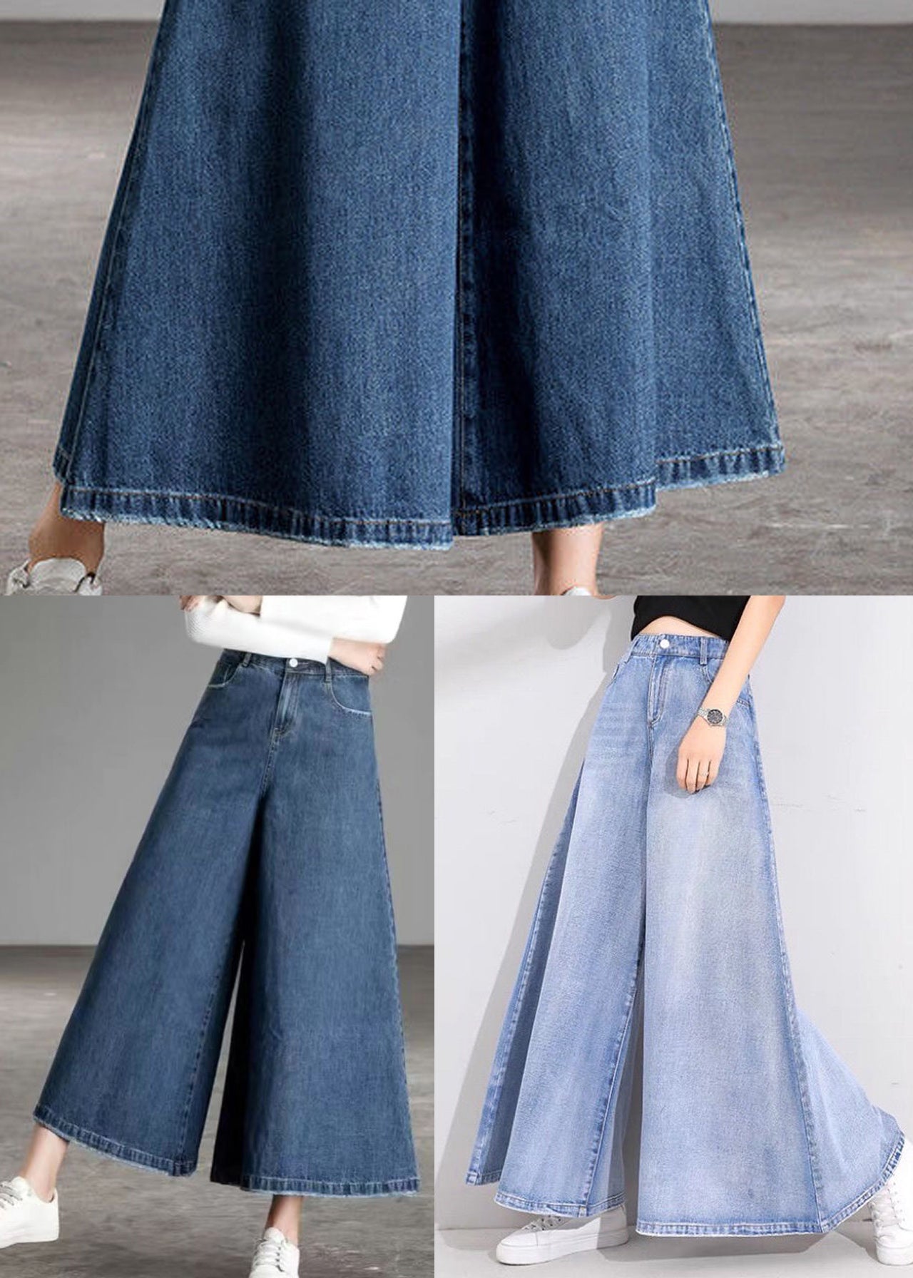 Light Blue High Waist Pockets Cotton Flare Pants Skirt Summer