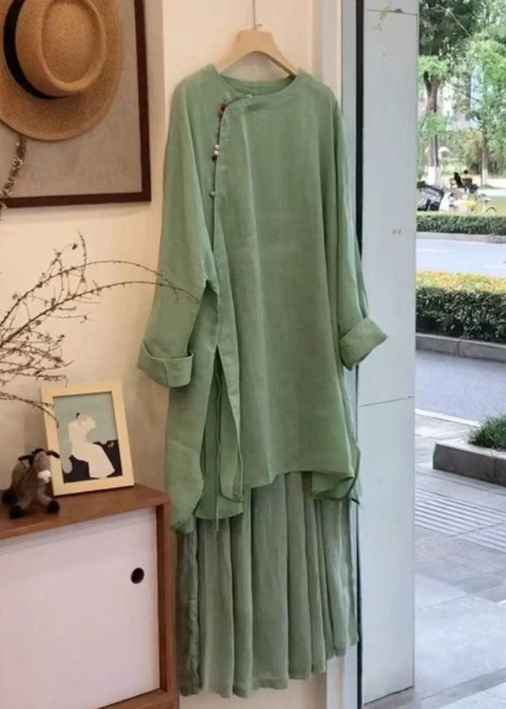Green Button Side Open Blouses and Skirts Linen Two Pieces Set Fall