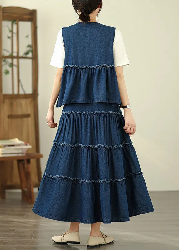 Loose Navy Ruffled Patchwork Denim Top and Maxi Skirts Two Piece Set Sleeveless