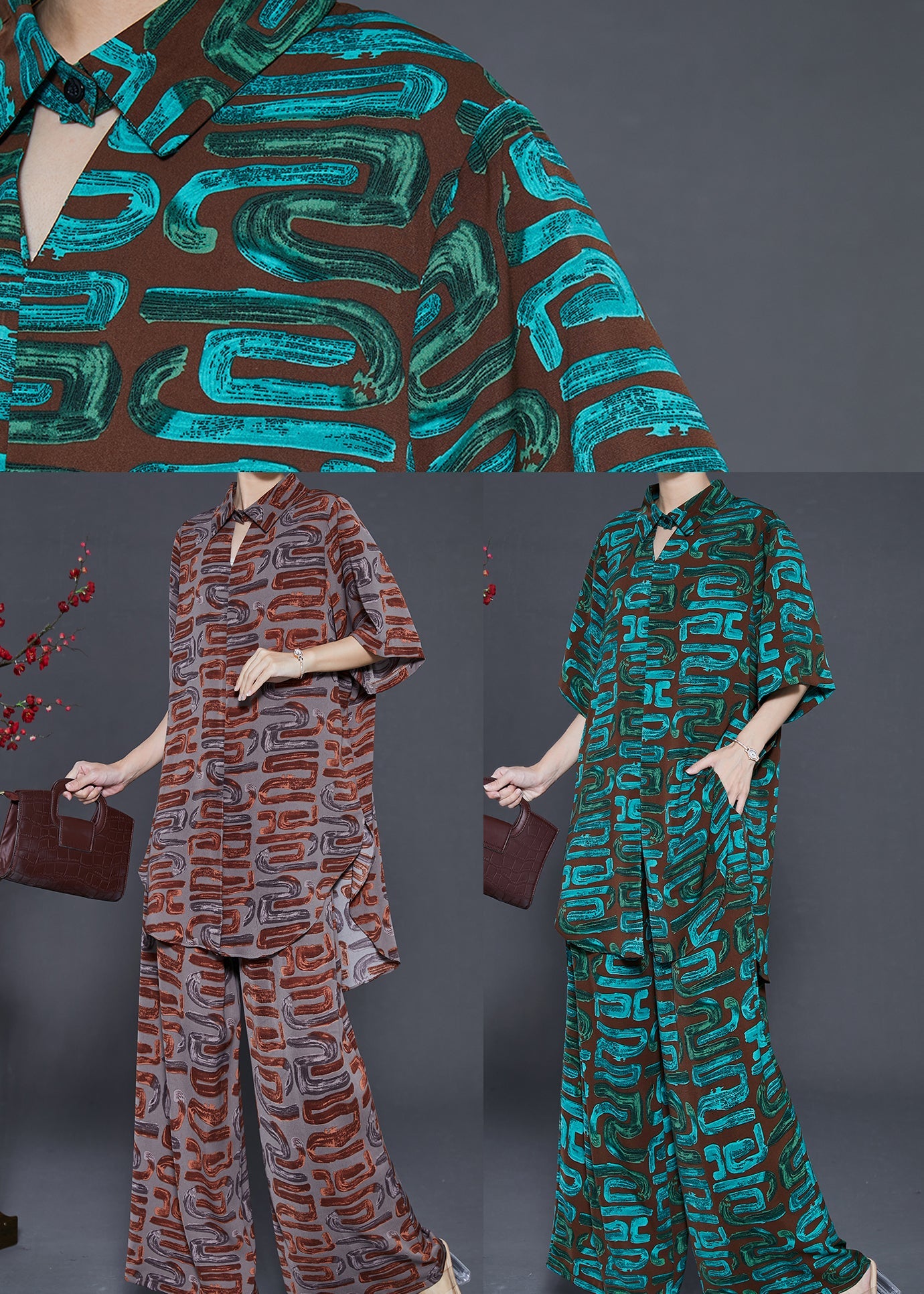 Art Blackish Green Oversized Print Chiffon Two Pieces Set Summer