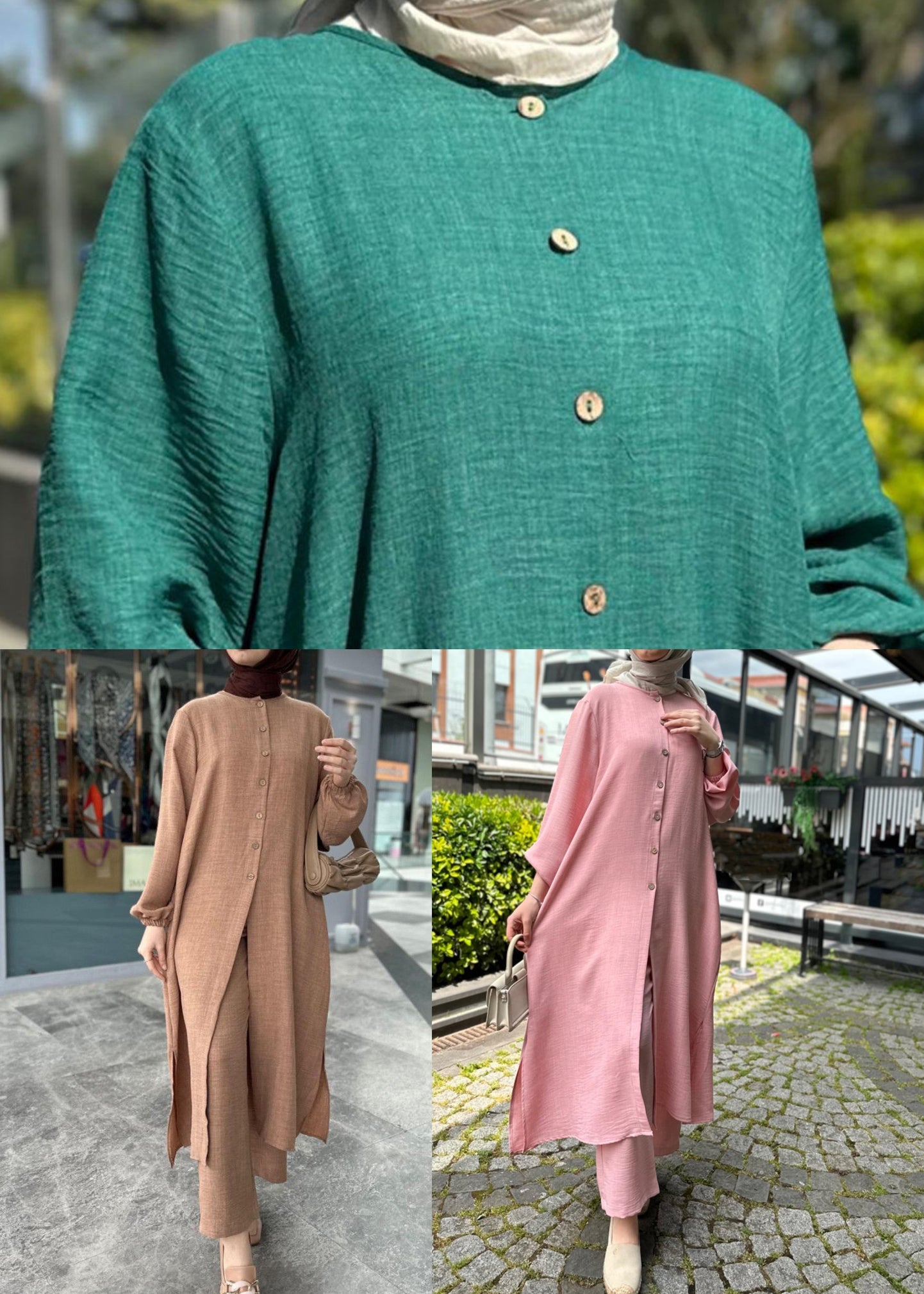 Khaki Button Cotton Two Pieces Set Long Sleeve