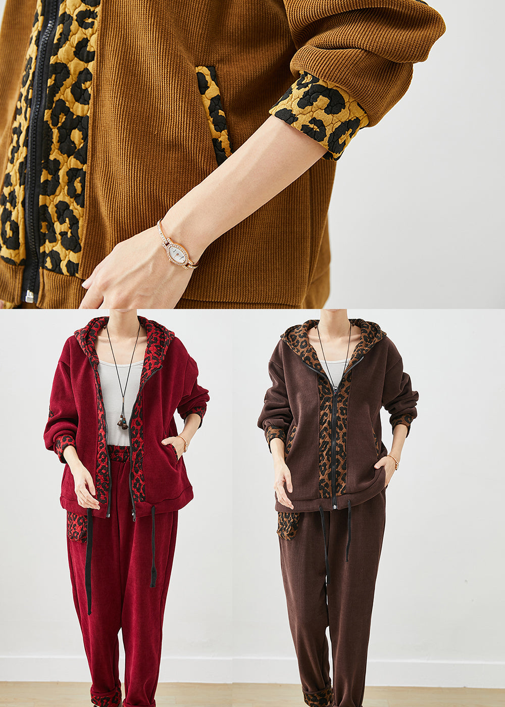 Diy Khaki Leopard Patchwork Drawstring Warm Fleece Two Pieces Set Winter