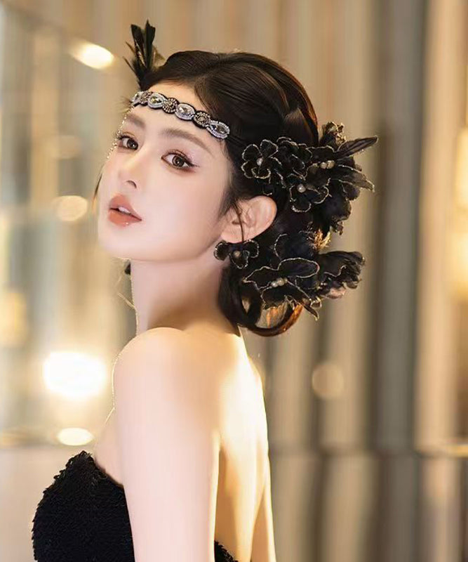Black Alloy Zircon Feather Tassel Hairpiece