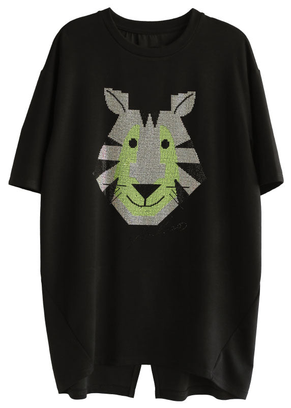 Loose Black O-neck Animal Print Side Open Cotton Tanks Short Sleeve