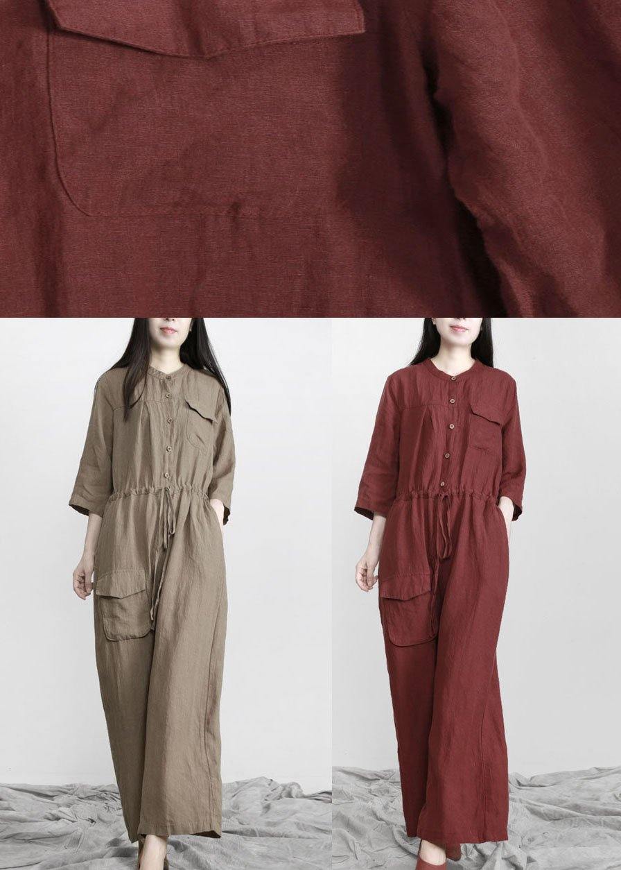 Burgundy Drawstring Half Sleeve Linen Body Suits Romper