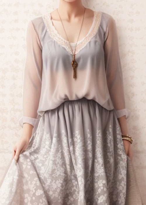 Art Grey Print High Waist Silk Dresses Long Sleeve