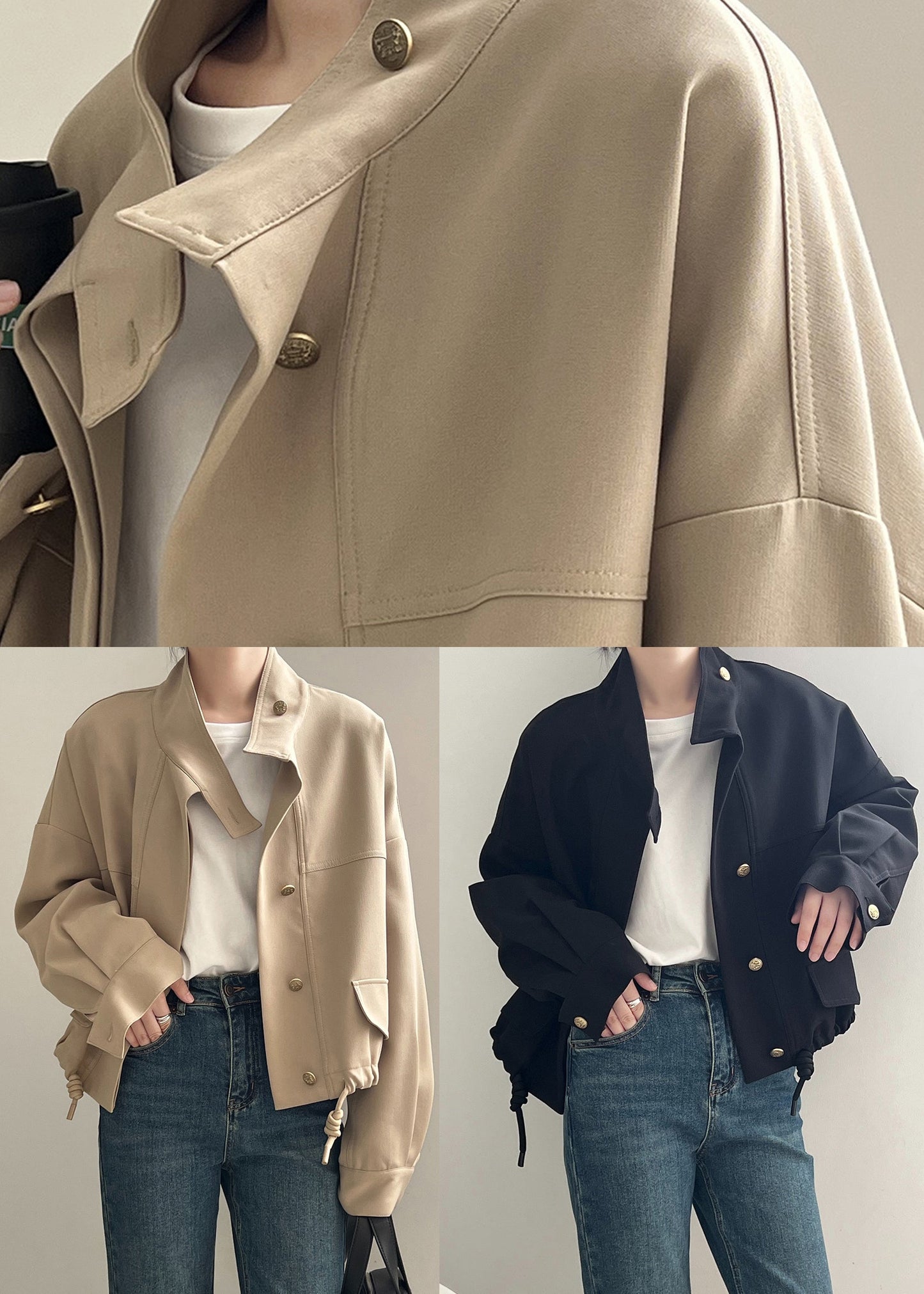 Black Button Cotton Jacket Stand Collar Drawstring Fall