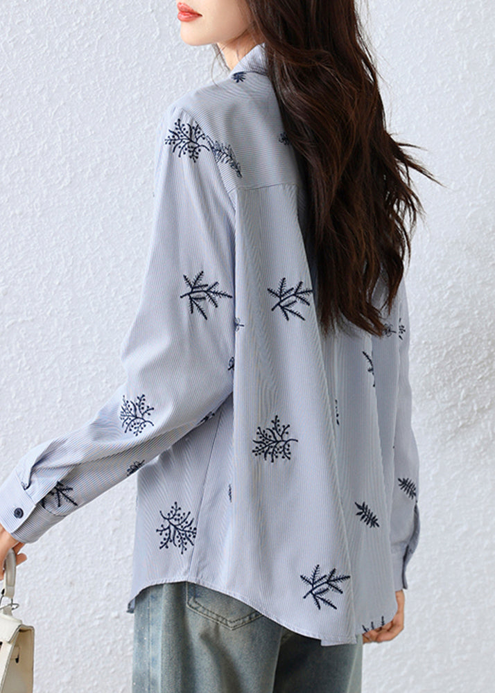 Blue Embroidered Striped Cotton Top Fall