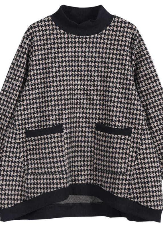 White Plaid Turtleneck Pockets Patchwork Top Long Sleeve